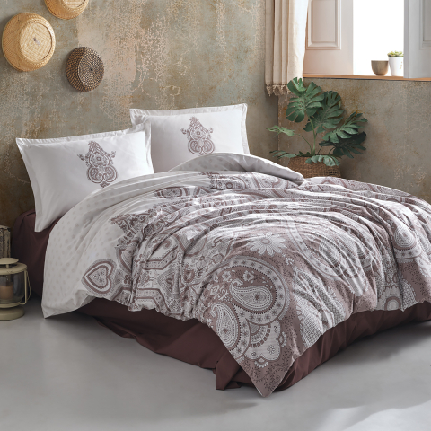 Lenjerii de pat bumbac ranforce - Lenjerie pat dublu,bumbac ranforce,4 piese,alba/maro cu motiv oriental,AzkaV2-A1314