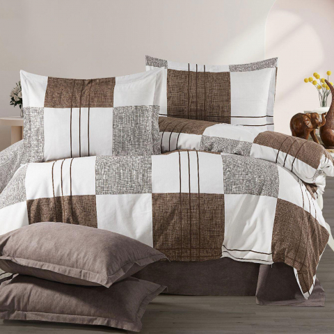 Lenjerii de pat - Lenjerie pat dublu,bumbac ranforce,4 piese,alba/gri/maro cu forme geometrice,RNFN249