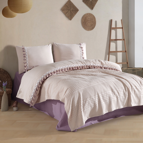 Lenjerii de pat - Lenjerie pat dublu,bumbac ranforce,4 piese,roz/mov,Bohemline V8-A1512