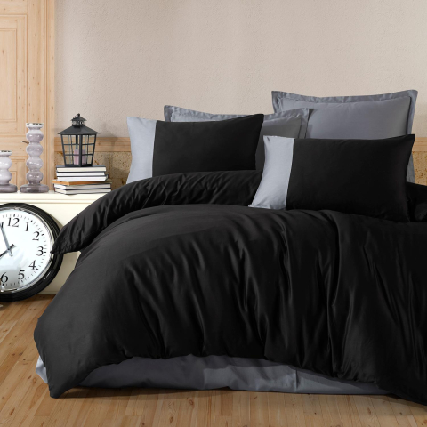 Lenjerii de pat bumbac ranforce - Lenjerie pat dublu,bumbac ranforce,4 piese,neagra cu gri,PureV1-A387