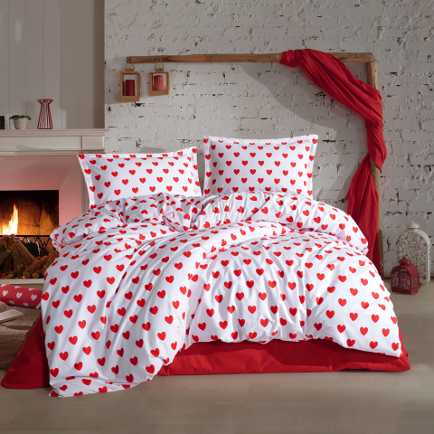 Lenjerii de pat - Lenjerie pat dublu,bumbac ranforce,4 piese,alba/rosie cu inimioare,AmorV2-A1327
