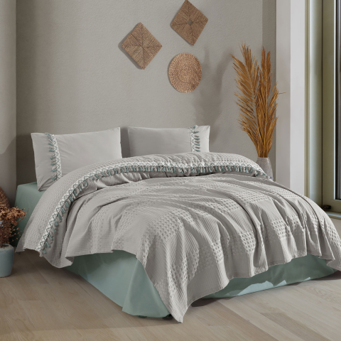 Lenjerii de pat - Lenjerie pat dublu,bumbac ranforce,4 piese,gri/verde menta,Bohemline V10-A1513