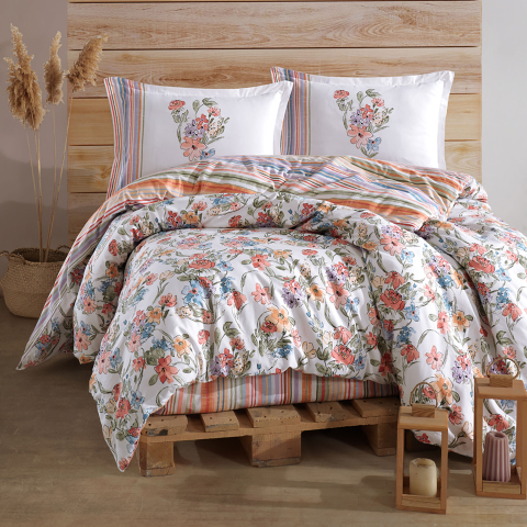 Lenjerii de pat - Lenjerie pat dublu,bumbac ranforce,4 piese,alba cu flori colorate,Zemi-A1331