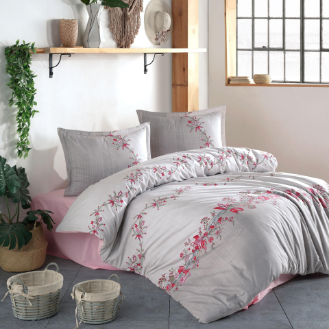 Lenjerii de pat 200x200cm - Lenjerie pat dublu,bumbac ranforce,4 piese,gri/roz cu flori,Lorinda-A1291