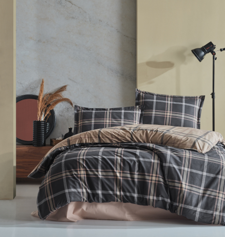 Lenjerii de pat bumbac ranforce - Lenjerie pat dublu,bumbac ranforce,4 piese,gri/bej cu dungi,Arbon-A1313