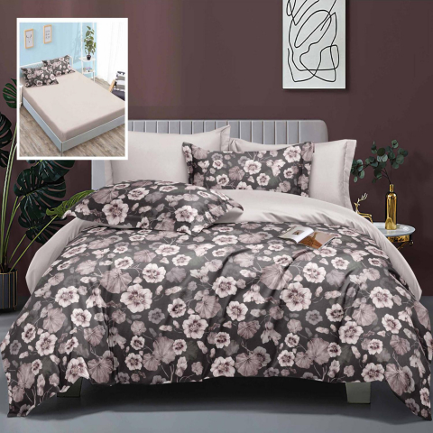 Lenjerii de pat gri - Lenjerie pat dublu,bumbac satinat,6 piese,cearceaf cu elastic 160/180x200cm, cearceaf pilota 200x230cm, 2 fete de perna 50x70, 2 fete de perna 70x70-LEH2