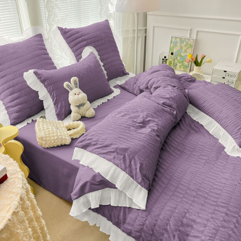 Lenjerie pat dublu creponata,bumbac finet,6 piese,lila-A878 [1]