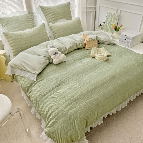 Lenjerii de pat verzi - Lenjerie pat dublu creponata cu banda alba,bumbac finet,6 piese,verde-A874