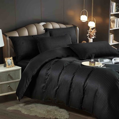 Lenjerii de pat - Lenjerie pat dublu cu 6 piese,damasc satinat,cearceaf cu elastic,dungi 1cm,neagra-A1400