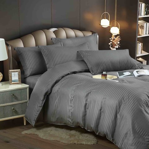 Lenjerii de pat - Lenjerie pat dublu cu 6 piese,damasc satinat,cearceaf cu elastic,dungi 1cm,gri inchis-A1395