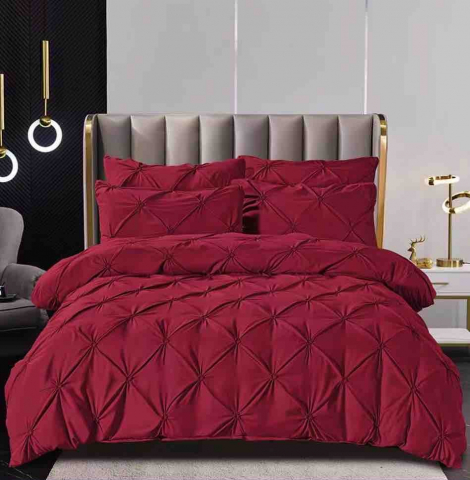Lenjerii de pat - Lenjerie pat dublu cu pliuri,cearceaf cu elastic,bumbac finet,6 piese,visinie-A768