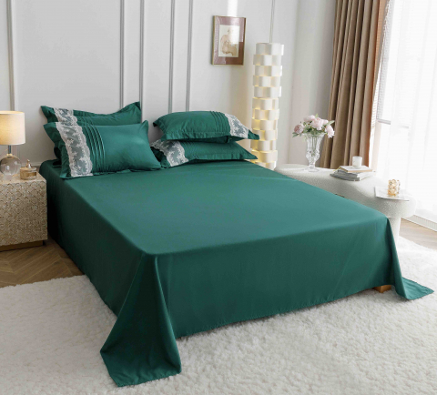 Lenjerie pat dublu cu pliuri si inimi brodate,bumbac finet,6 piese,verde-A853 [7]