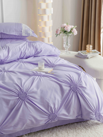 Lenjerie pat dublu cu pliuri si inimi brodate,bumbac finet,6 piese,lila-A856 [3]