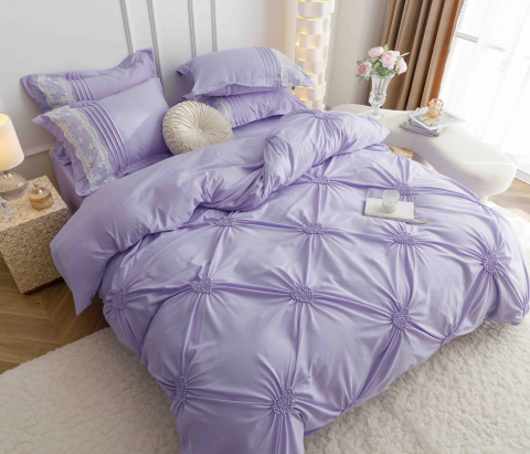 Lenjerie pat dublu cu pliuri si inimi brodate,bumbac finet,6 piese,lila-A856 [4]