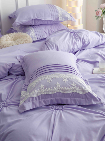 Lenjerie pat dublu cu pliuri si inimi brodate,bumbac finet,6 piese,lila-A856 [1]