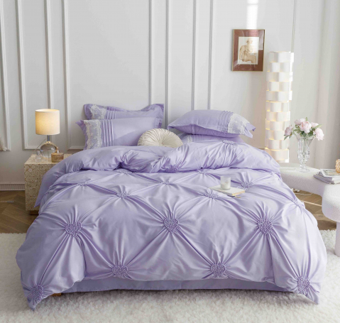 Lenjerii de pat cu inimioare - Lenjerie pat dublu cu pliuri si inimi brodate,bumbac finet,6 piese,lila-A856