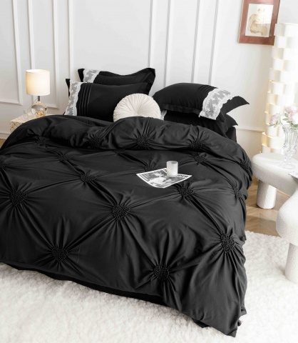 Lenjerie pat dublu cu pliuri si inimi brodate,bumbac finet,6 piese,neagra-A858 [8]