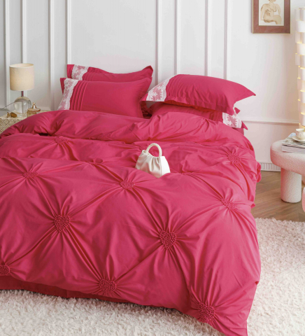 Lenjerie pat dublu cu pliuri si inimi brodate,bumbac finet,6 piese,roz fucsia-A845 [3]