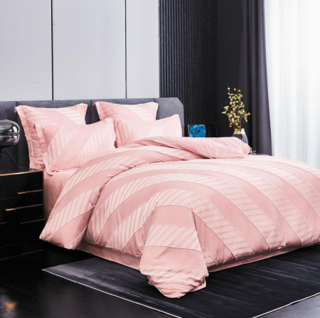 Lenjerie pat dublu cu smocuri brodate,bumbac finet,6 piese,roz cu dungi-A363 [0]