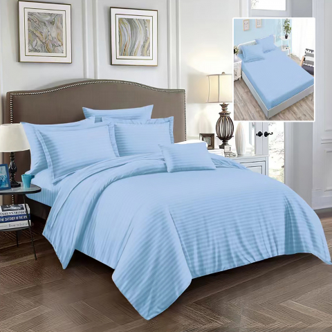Lenjerii de pat bleu - Lenjerie pat dublu,damasc satinat policoton,6 piese cu elastic,bleu-A711