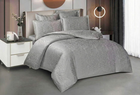 Lenjerii de pat jacquard finetat - Lenjerie de pat jacquard 6 piese, gri argintiu, model cu frunze in relief, JQ6P10