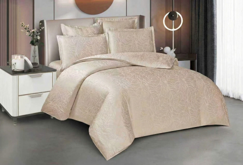 Lenjerii de pat jacquard finetat - Lenjerie de pat jacquard 6 piese, crem bej, model cu frunze in relief, JQ6P6