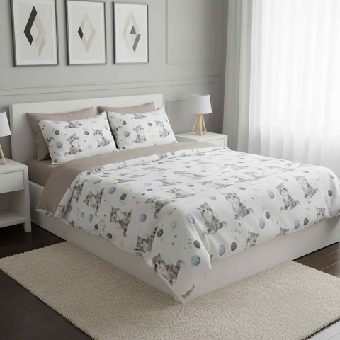 Lenjerii de pat - Lenjerie de pat Ranforce Cotton Pro RCP13, 100% bumbac, alb, imprimeu cu pisici