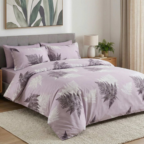 Lenjerii de pat - Lenjerie de pat Ranforce Cotton Pro RCP27, 100% bumbac, lila, imprimeu frunze tropicale