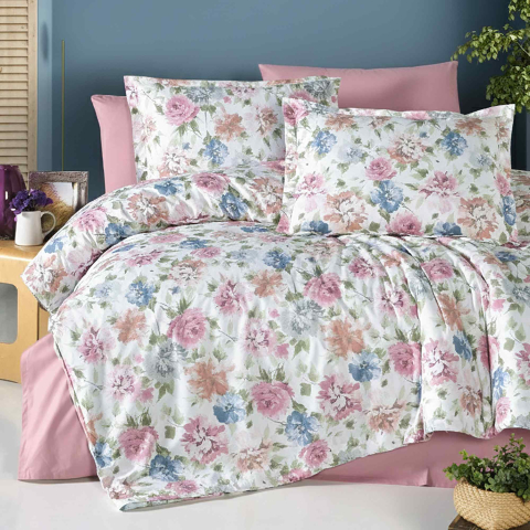 Lenjerii de pat - Lenjerie de pat Ranforce Cotton Pro RCP3, 100% bumbac, alb, imprimeu floral pastel