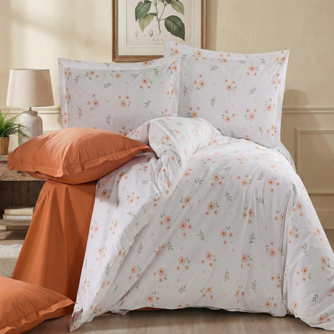 Lenjerii de pat - Lenjerie de pat Ranforce Cotton Pro RCP30, 100% bumbac, alb, imprimeu floral portocaliu