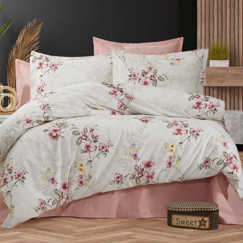 Lenjerii de pat bumbac - Lenjerie de pat Ranforce Cotton Pro RCP37, 100% bumbac, alb, imprimeu floral roz, king size - 6 piese cu elastic