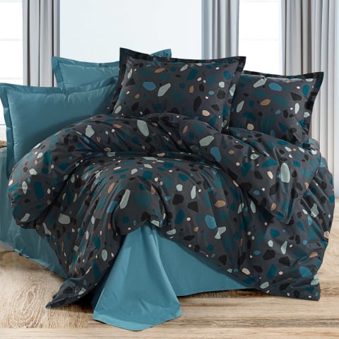 Lenjerii de pat bumbac - Lenjerie de pat Ranforce Cotton Pro RCP43, 100% bumbac, turcoaz inchis, imprimeu cu frunze, king size - 6 piese cu elastic