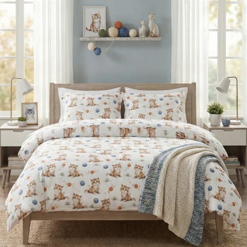 Lenjerii de pat bumbac - Lenjerie de pat Ranforce Cotton Pro RCP44, 100% bumbac, alb, imprimeu cu ursuleti, king size - 6 piese cu elastic