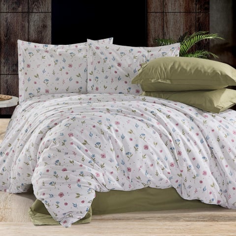 Lenjerii de pat bumbac - Lenjerie de pat Ranforce Cotton Pro RCP46, 100% bumbac, alb, imprimeu floral discret, king size - 6 piese cu elastic