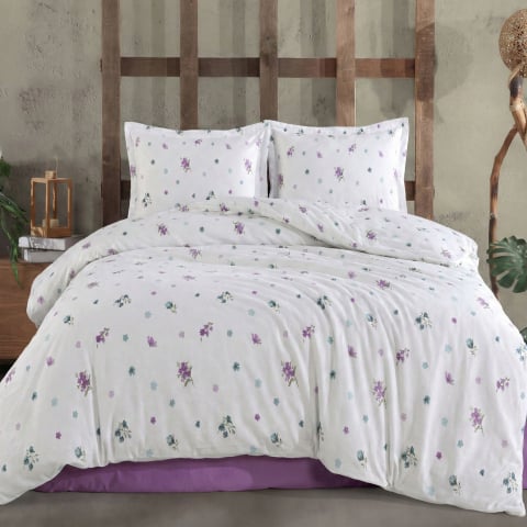 Lenjerii de pat bumbac - Lenjerie de pat Ranforce Cotton Pro RCP50, 100% bumbac, alb, imprimeu floral lila, king size - 6 piese cu elastic