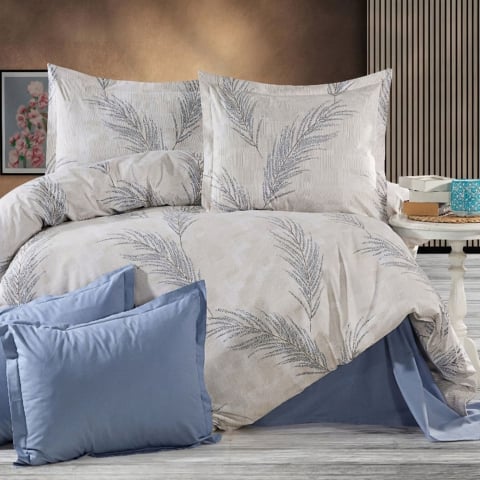Lenjerii de pat bumbac - Lenjerie de pat Ranforce Cotton Pro RCP51, 100% bumbac, alb, imprimeu frunze albastre, king size - 6 piese cu elastic