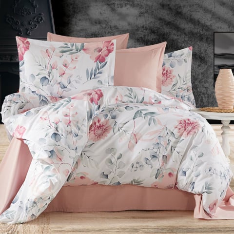 Lenjerii de pat bumbac - Lenjerie de pat Ranforce Cotton Pro RCP52, 100% bumbac, alb, imprimeu floral roz, king size - 6 piese cu elastic
