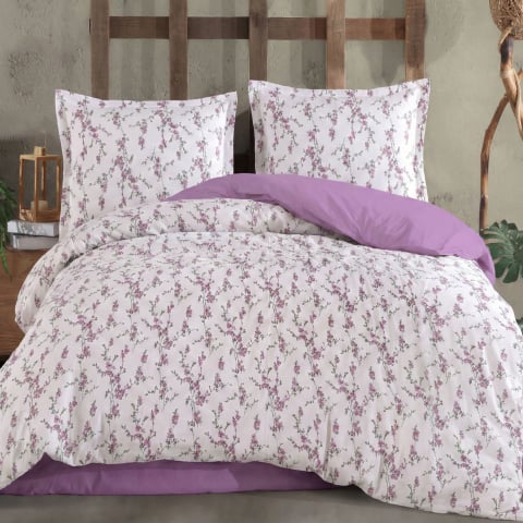 Lenjerii de pat bumbac - Lenjerie de pat Ranforce Cotton Pro RCP54, 100% bumbac, alb, imprimeu floral lila, king size - 6 piese cu elastic