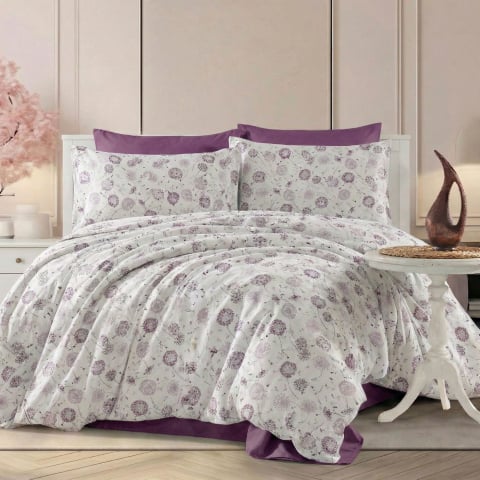 Lenjerii de pat bumbac - Lenjerie de pat Ranforce Cotton Pro RCP56, 100% bumbac, alb, imprimeu floral lila, king size - 6 piese cu elastic