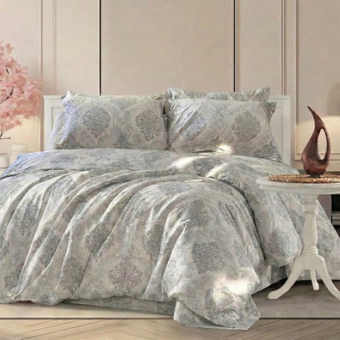 Lenjerii de pat bumbac - Lenjerie de pat Ranforce Cotton Pro RCP57, 100% bumbac, gri, imprimeu model oriental, king size - 6 piese cu elastic