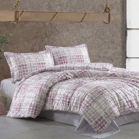 Lenjerii de pat bumbac - Lenjerie de pat Ranforce Cotton Pro RCP61, 100% bumbac, alb, imprimeu carouri lila, king size - 6 piese cu elastic