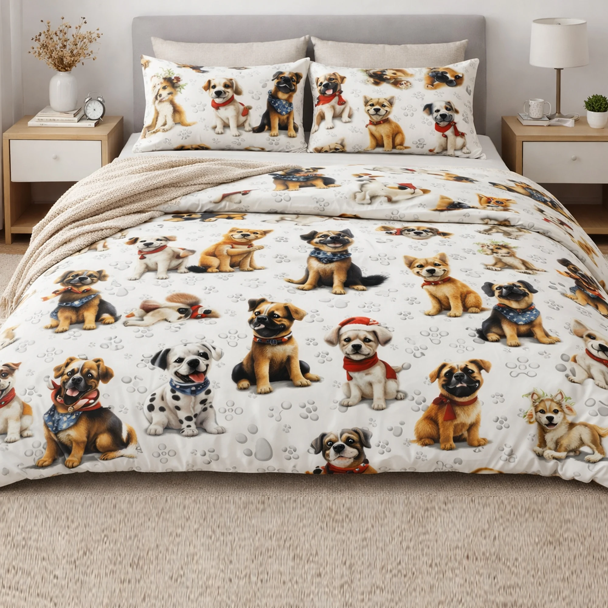 Lenjerii de pat bumbac - Lenjerie de pat Ranforce Cotton Pro RCP69, 100% bumbac, alb, imprimeu cu catei, king size - 6 piese cu elastic