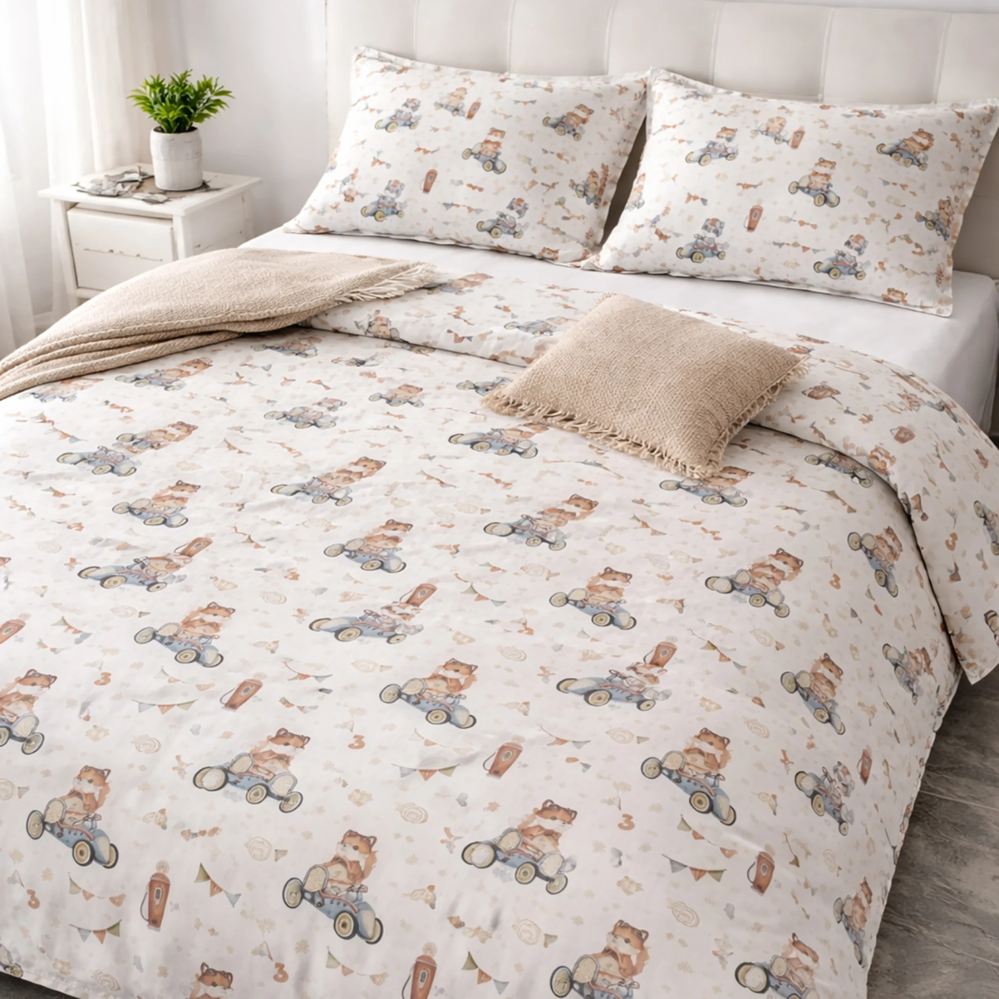 Lenjerii de pat bumbac - Lenjerie de pat Ranforce Cotton Pro RCP72, 100% bumbac, alb, imprimeu cu vehicule, king size - 6 piese cu elastic