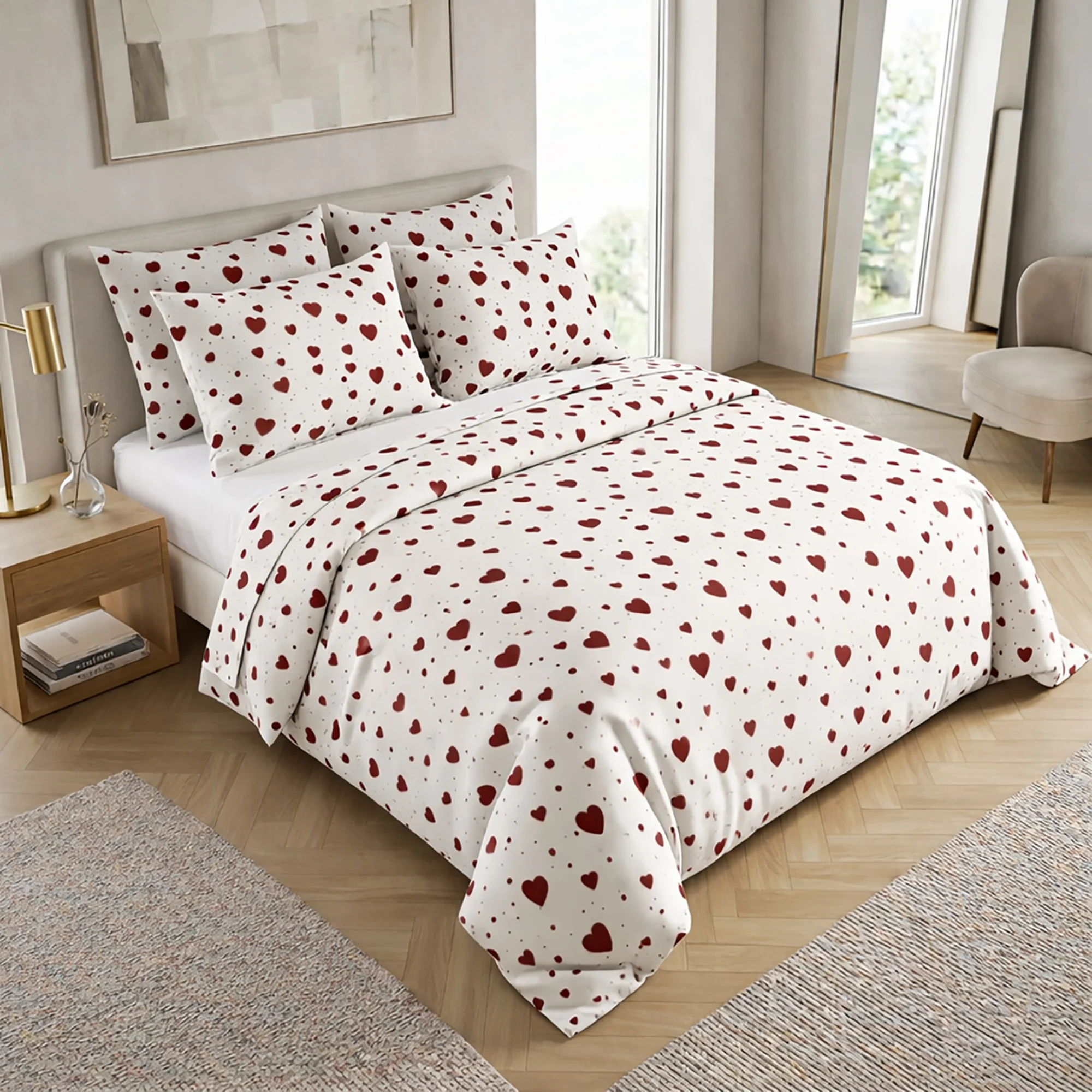 Lenjerii de pat bumbac - Lenjerie de pat Ranforce Cotton Pro RCP73, 100% bumbac, alb, imprimeu cu inimioare rosii, king size - 6 piese cu elastic
