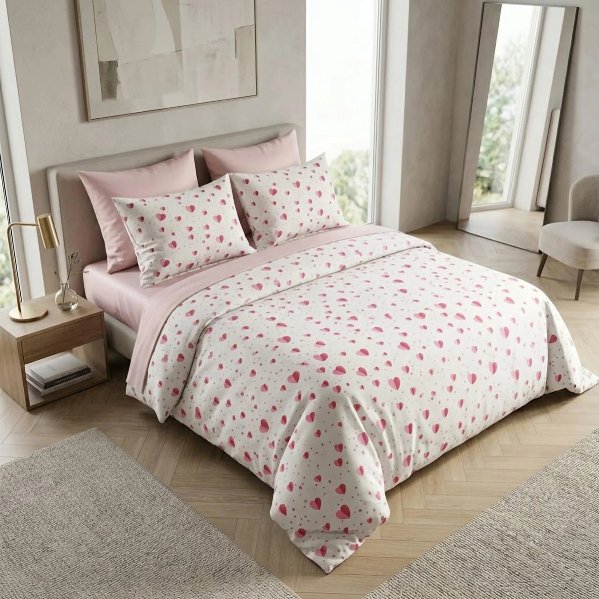 Lenjerii de pat bumbac - Lenjerie de pat Ranforce Cotton Pro RCP76, 100% bumbac, roz pudra, imprimeu cu inimioare, king size - 6 piese cu elastic