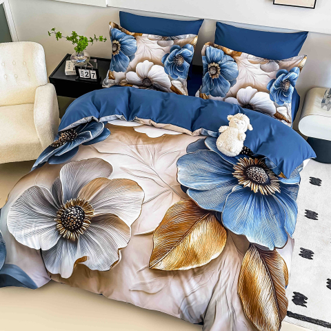 Lenjerie pat single 5D,bumbac finet,4 piese,cearceaf cu elastic 140x200cm,cearceaf pilota 155x205cm,2 fete de perna 55x80cm-A1265 [1]