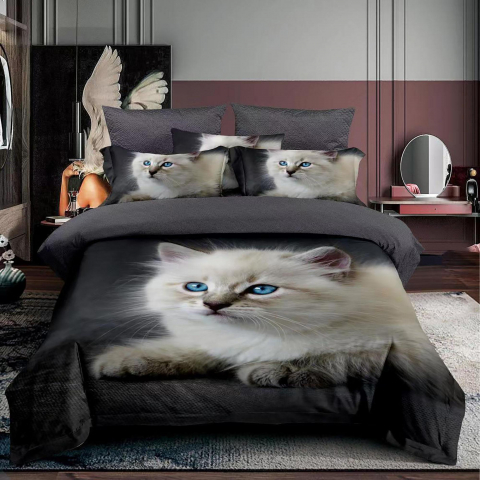 Lenjerii de pat cu pisici - Lenjerie pat single 3D, bumbac finet,3 piese, cearceaf pat clasic 160cm x 230cm, cearceaf pilota 150cm x 220cm, 1 fata perna 50 x 70-F1P55