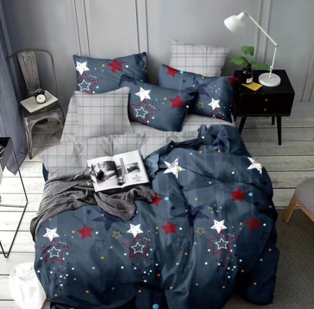 Lenjerii de pat 100x200cm - Lenjerie de patut bumbac finet bleumarin/alb cu stelute rosii