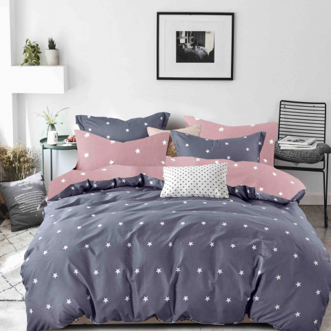 Lenjerii de pat 100x200cm - Lenjerie pat single,bumbac finet,4 piese,cearceaf normal,bleumarin/roz pudra cu stele-A818
