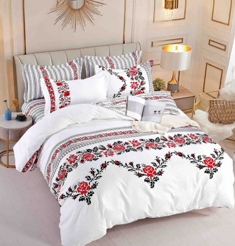 Lenjerii de pat 120x200cm - Lenjerie pat single,bumbac finet,4 piese,cearceaf normal,motiv traditional cu flori rosii-A819